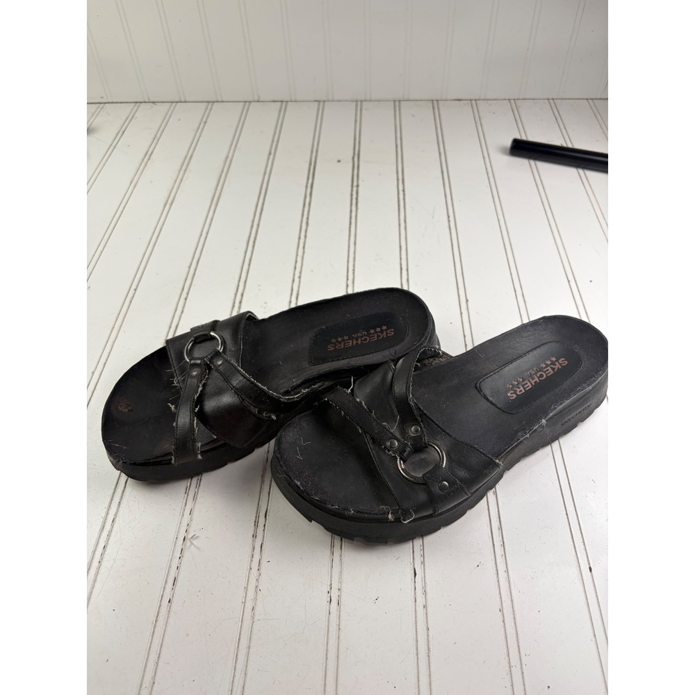 Skechers Vintage Y2K Black Leather Platform Slide Sandals Women's Size 7 - Picture 4 of 11